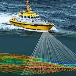 Hydrographic survey vessel performing seabed mapping with sonar technology.